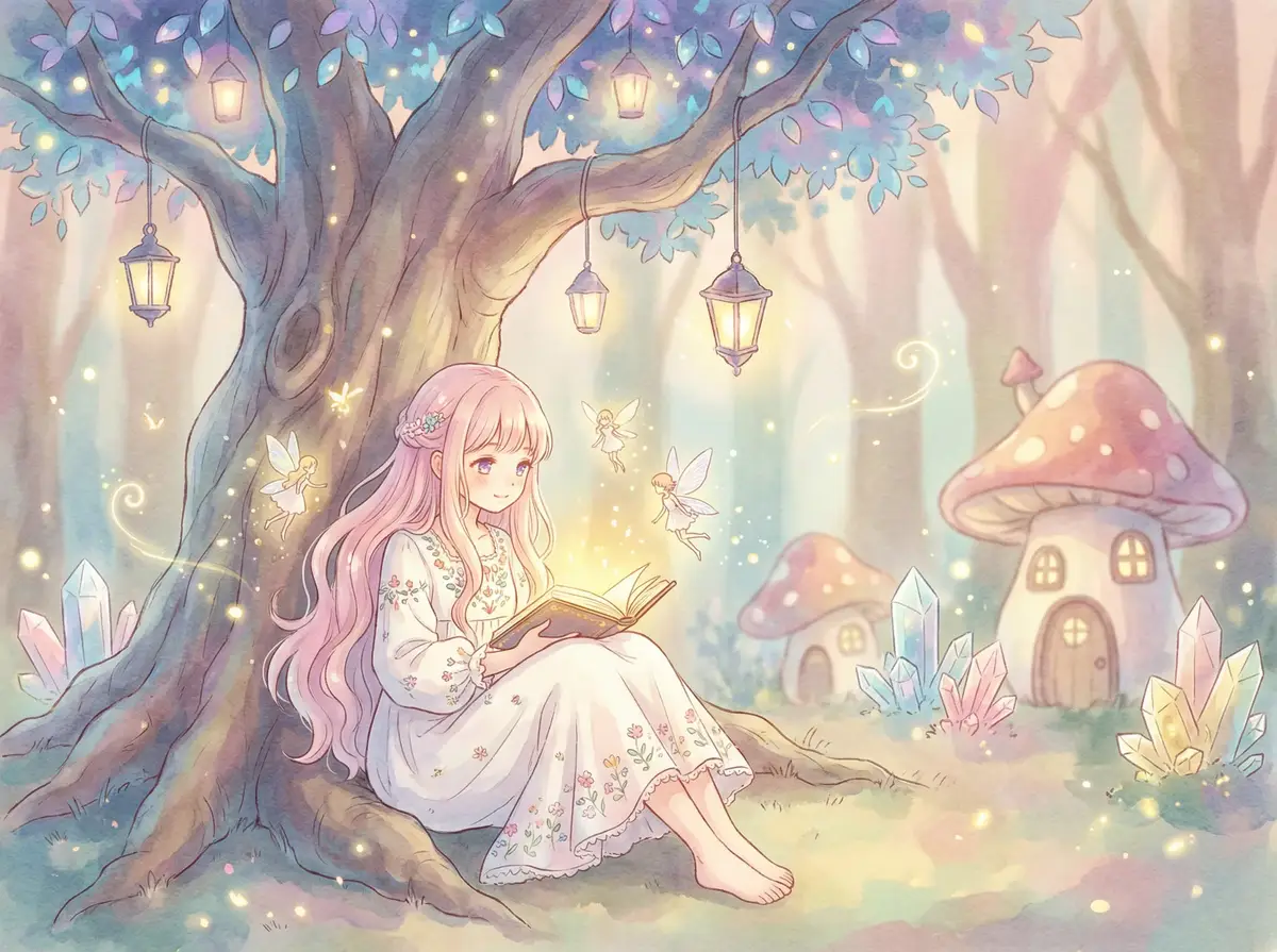 荡女翁公 - 魔法森林中阅读故事书的粉发少女与精灵
